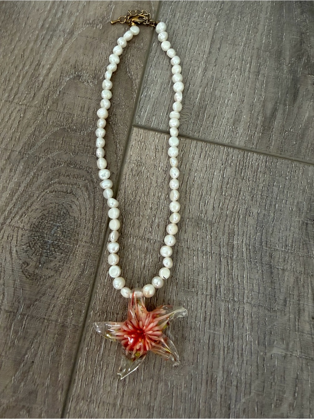 Pearl Necklace with Pink Glass Star Flower Pendant